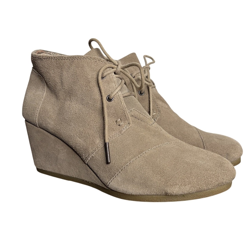 TOMS Desert Wedge Booties Suede Lace Up Taupe Boho Minimalist Size 11